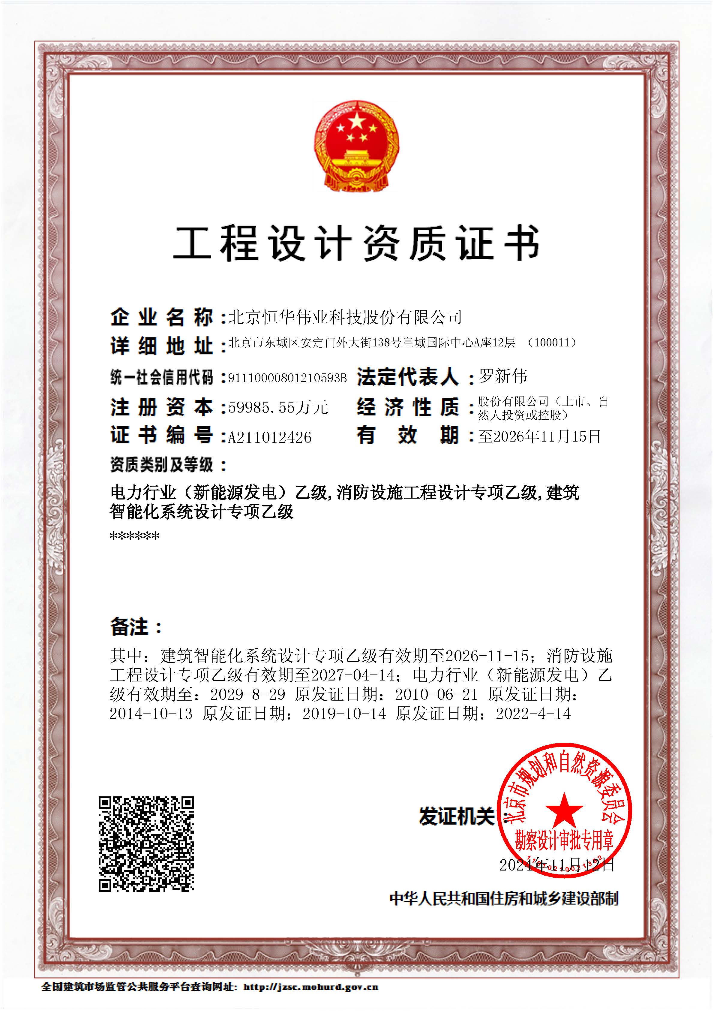 工程设计乙级（电力行业（新能源发电）专业、修建智能化系统设计专项、消防设施工程设计专项）